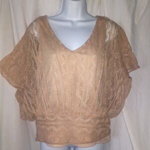 Anthropologie Elle Lace‎ Blouse V-Neck Sheer Elegant Party Flowy Sleeves Beige M